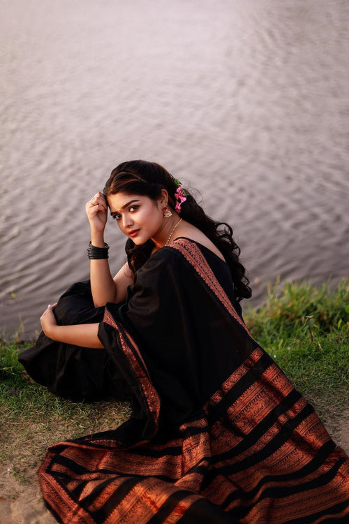 Load image into Gallery viewer, Skinny Black Soft Banarasi Silk Saree With Beauteous Blouse Piece
