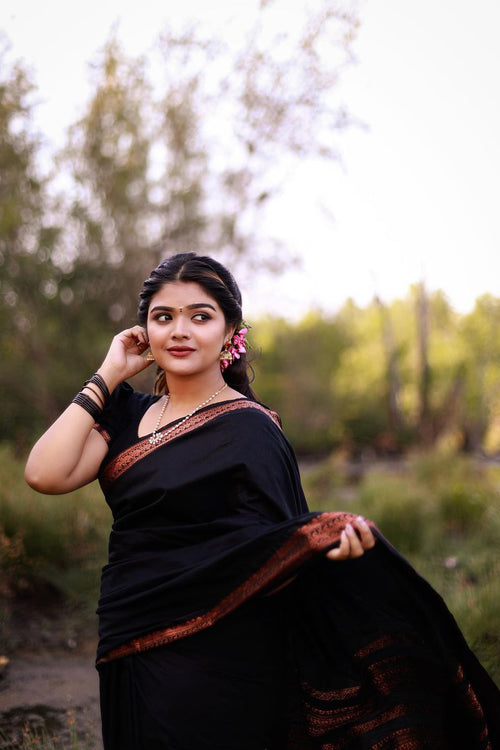 Load image into Gallery viewer, Skinny Black Soft Banarasi Silk Saree With Beauteous Blouse Piece
