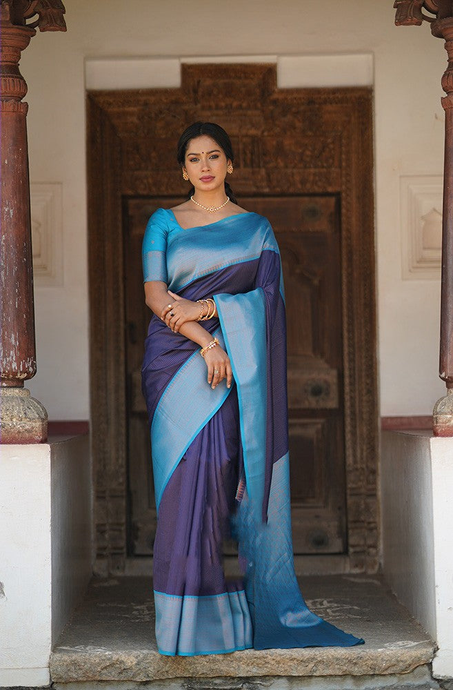 Precious Navy Blue Soft Silk Saree With Extraordinary Blouse Piece