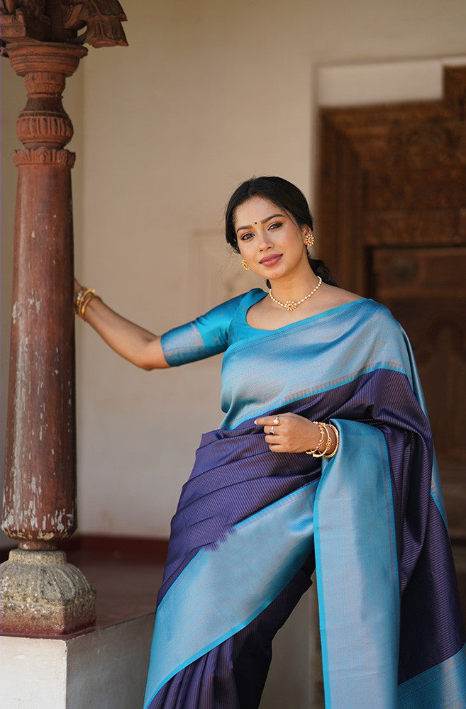 Precious Navy Blue Soft Silk Saree With Extraordinary Blouse Piece