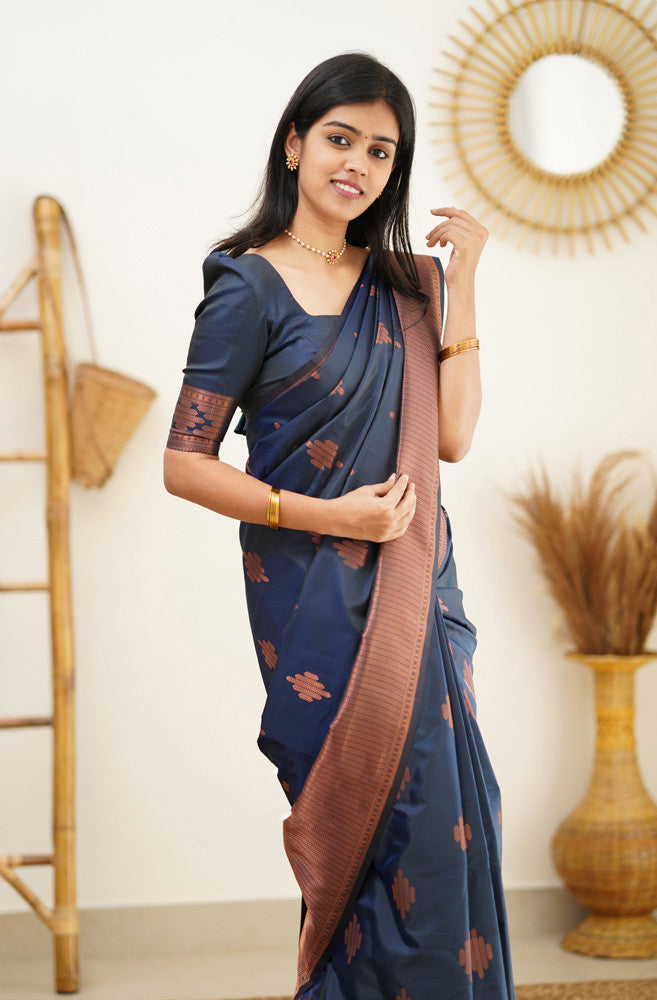 Delightful Navy Blue Soft Silk Saree With Prettiest Blouse Piece