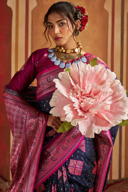 Scintilla Navy Blue Pure Zari Weaving Banarasi Silk Saree With Denouement Blouse Piece