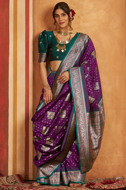 Epiphany Purple Pure Zari Weaving Banarasi Silk Saree With Classic Blouse Piece