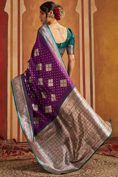 Epiphany Purple Pure Zari Weaving Banarasi Silk Saree With Classic Blouse Piece
