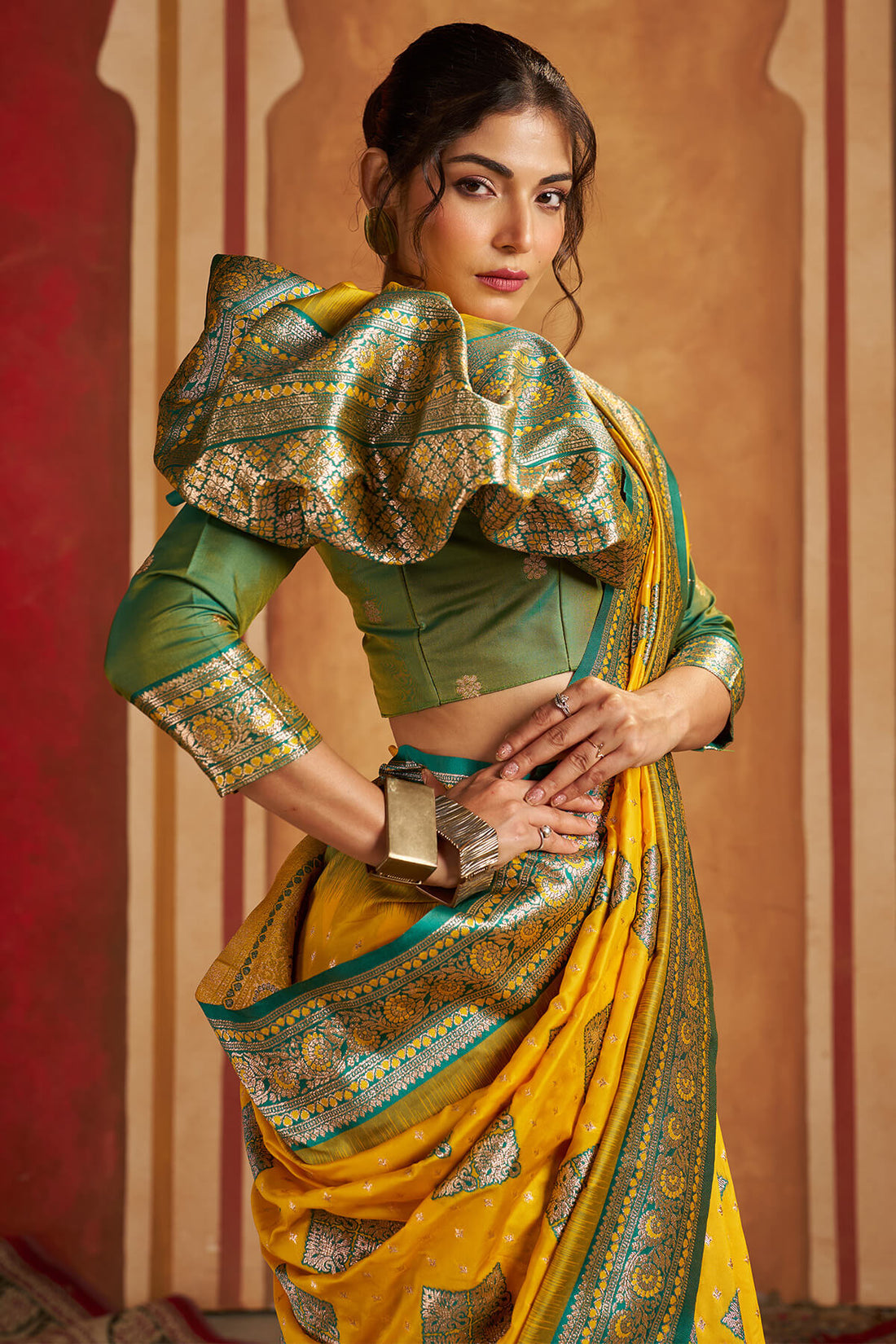 Trendy Yellow Pure Zari Weaving Banarasi Silk Saree With Delightful Blouse Piece