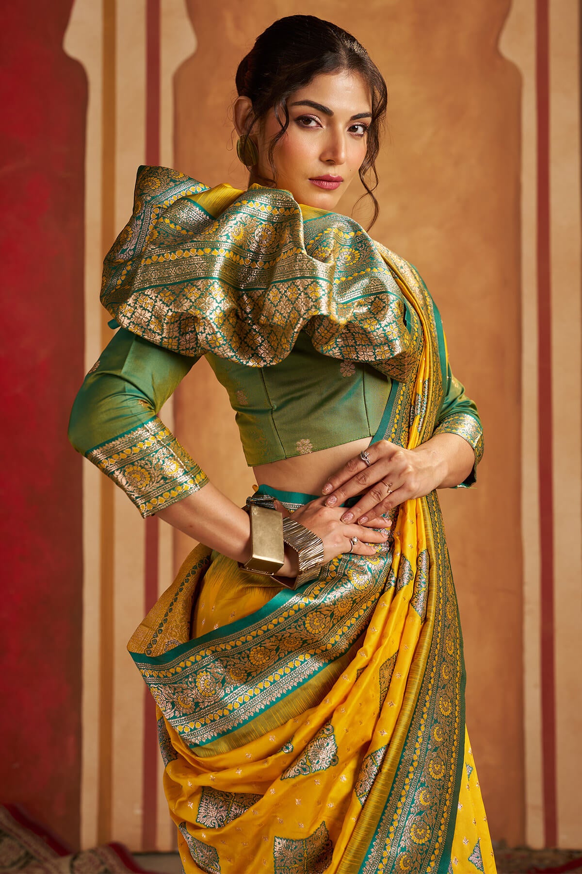 Trendy Yellow Pure Zari Weaving Banarasi Silk Saree With Delightful Blouse Piece