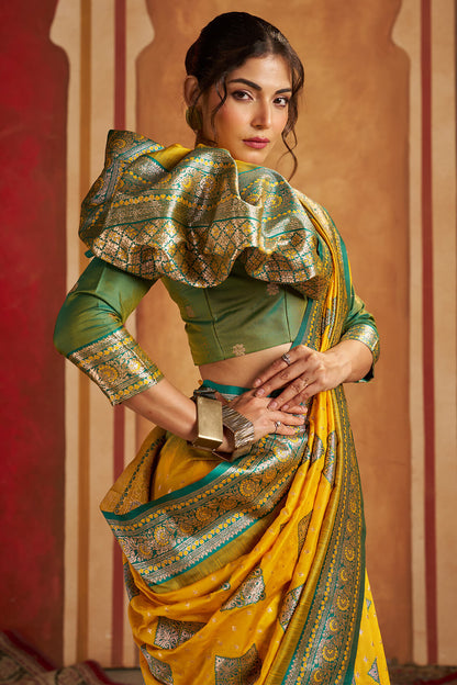 Trendy Yellow Pure Zari Weaving Banarasi Silk Saree With Delightful Blouse Piece