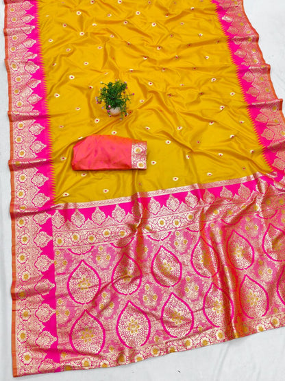 Mesmerising Yellow Pure Zari Weaving Banarasi Silk Saree With Quintessential Blouse Piece