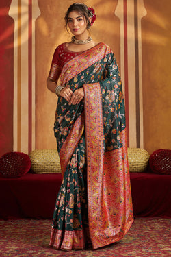 Dazzling Dark Green Pure Zari Weaving Banarasi Silk Saree With Inimitable Blouse Piece