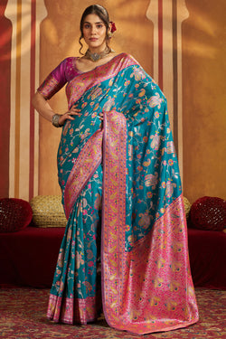 Assemblage Firozi Pure Zari Weaving Banarasi Silk Saree With Ravishing Blouse Piece
