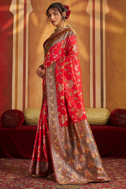 Demesne Red Pure Zari Weaving Banarasi Silk Saree With Lovely Blouse Piece