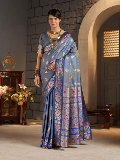 Groovy Blue Pure Zari Weaving Banarasi Silk Saree With Ephemeral Blouse Piece
