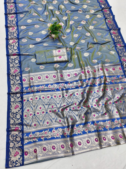 Groovy Blue Pure Zari Weaving Banarasi Silk Saree With Ephemeral Blouse Piece