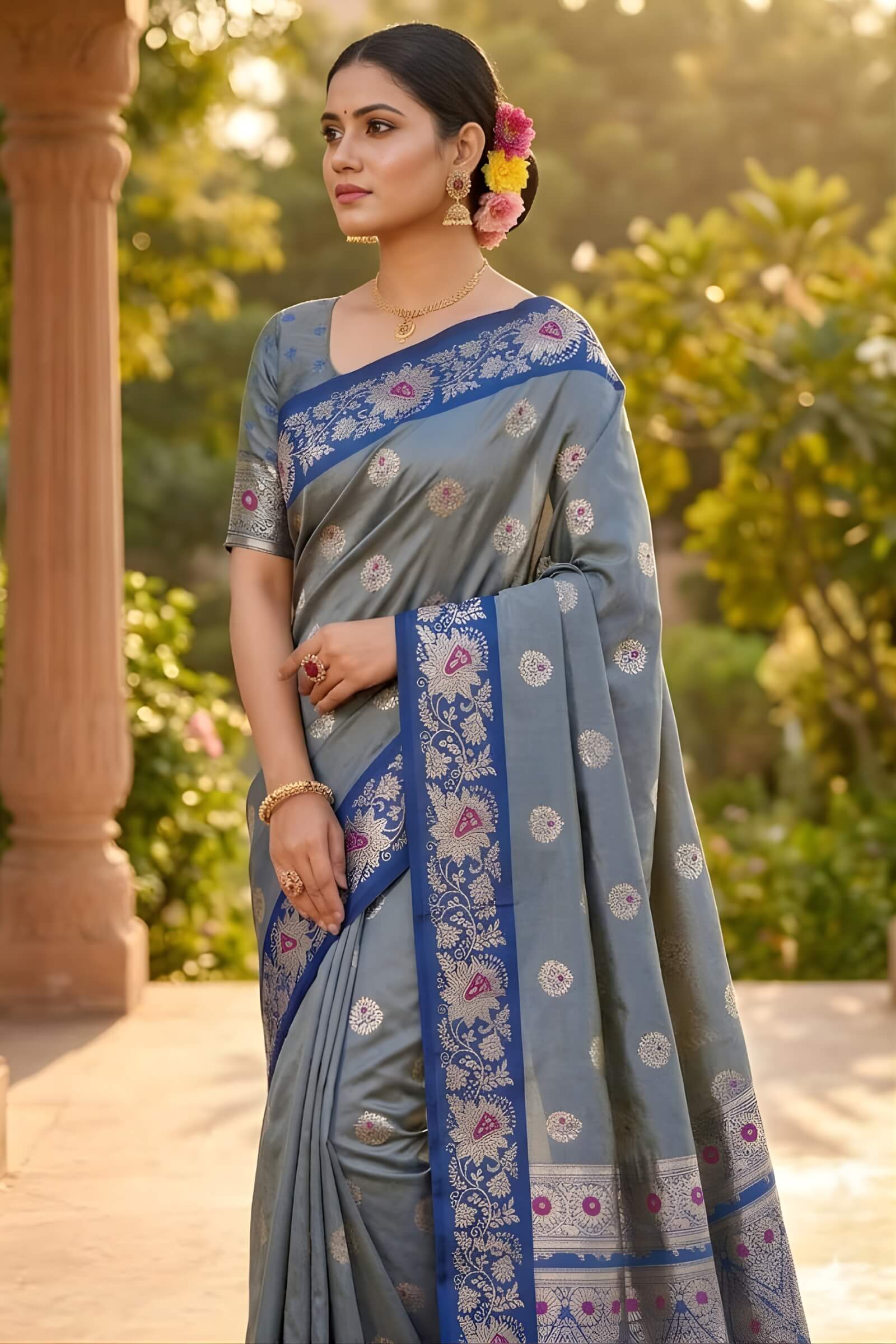 Groovy Blue Pure Zari Weaving Banarasi Silk Saree With Ephemeral Blouse Piece
