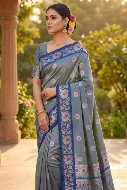 Groovy Blue Pure Zari Weaving Banarasi Silk Saree With Ephemeral Blouse Piece
