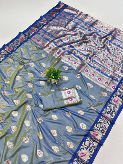 Groovy Blue Pure Zari Weaving Banarasi Silk Saree With Ephemeral Blouse Piece