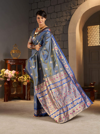 Groovy Blue Pure Zari Weaving Banarasi Silk Saree With Ephemeral Blouse Piece