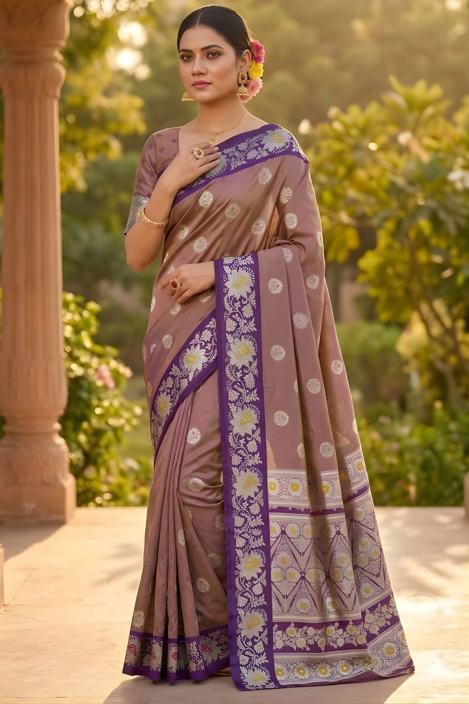 Stylish Brown Pure Zari Weaving Banarasi Silk Saree With Extraordinary Blouse Piece
