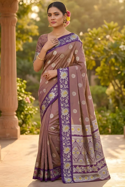 Stylish Brown Pure Zari Weaving Banarasi Silk Saree With Extraordinary Blouse Piece