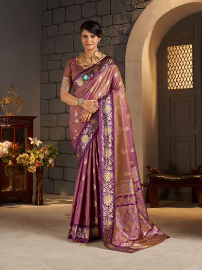 Stylish Brown Pure Zari Weaving Banarasi Silk Saree With Extraordinary Blouse Piece