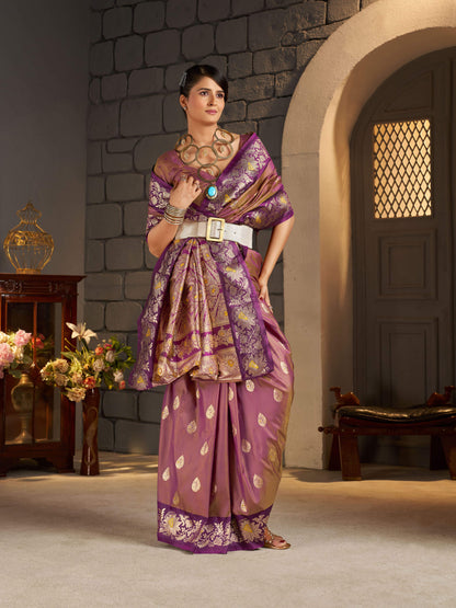 Stylish Brown Pure Zari Weaving Banarasi Silk Saree With Extraordinary Blouse Piece