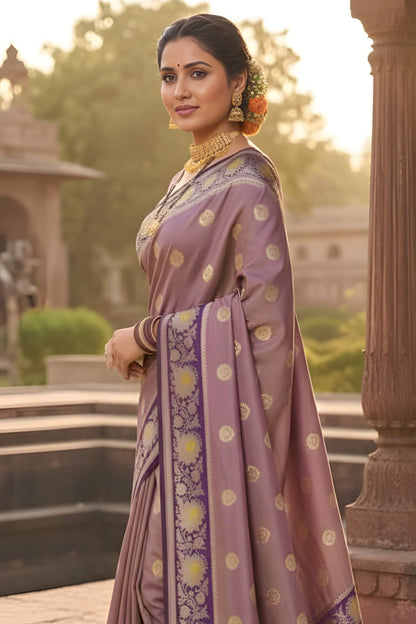 Stylish Brown Pure Zari Weaving Banarasi Silk Saree With Extraordinary Blouse Piece