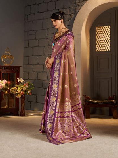 Stylish Brown Pure Zari Weaving Banarasi Silk Saree With Extraordinary Blouse Piece