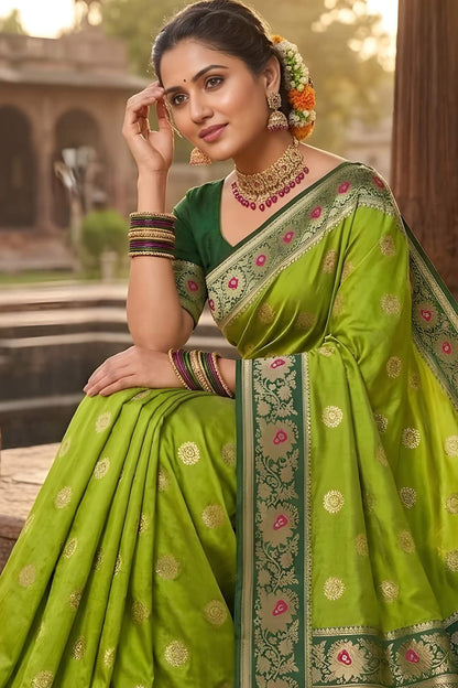 Angelic Green Pure Zari Weaving Banarasi Silk Saree With Surpassing Blouse Piece