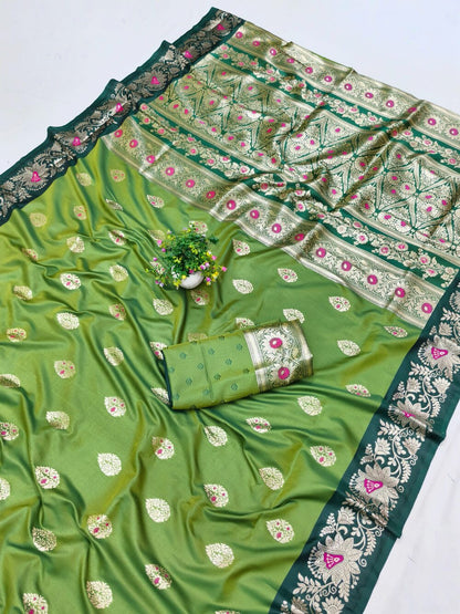 Angelic Green Pure Zari Weaving Banarasi Silk Saree With Surpassing Blouse Piece