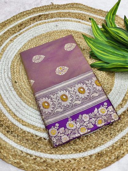 Serendipity Lavender Pure Zari Weaving Banarasi Silk Saree With Opulent Blouse Piece