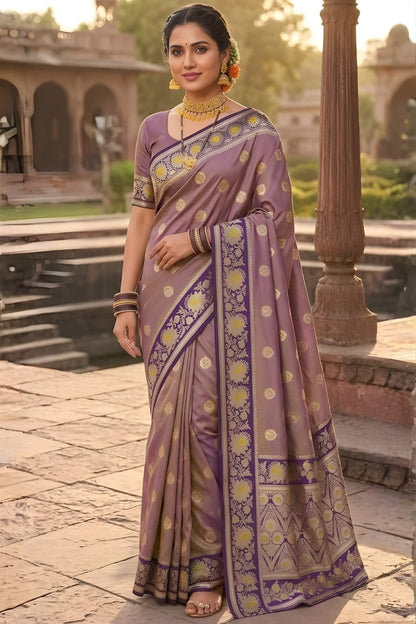 Serendipity Lavender Pure Zari Weaving Banarasi Silk Saree With Opulent Blouse Piece