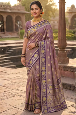 Serendipity Lavender Pure Zari Weaving Banarasi Silk Saree With Opulent Blouse Piece