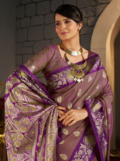Serendipity Lavender Pure Zari Weaving Banarasi Silk Saree With Opulent Blouse Piece