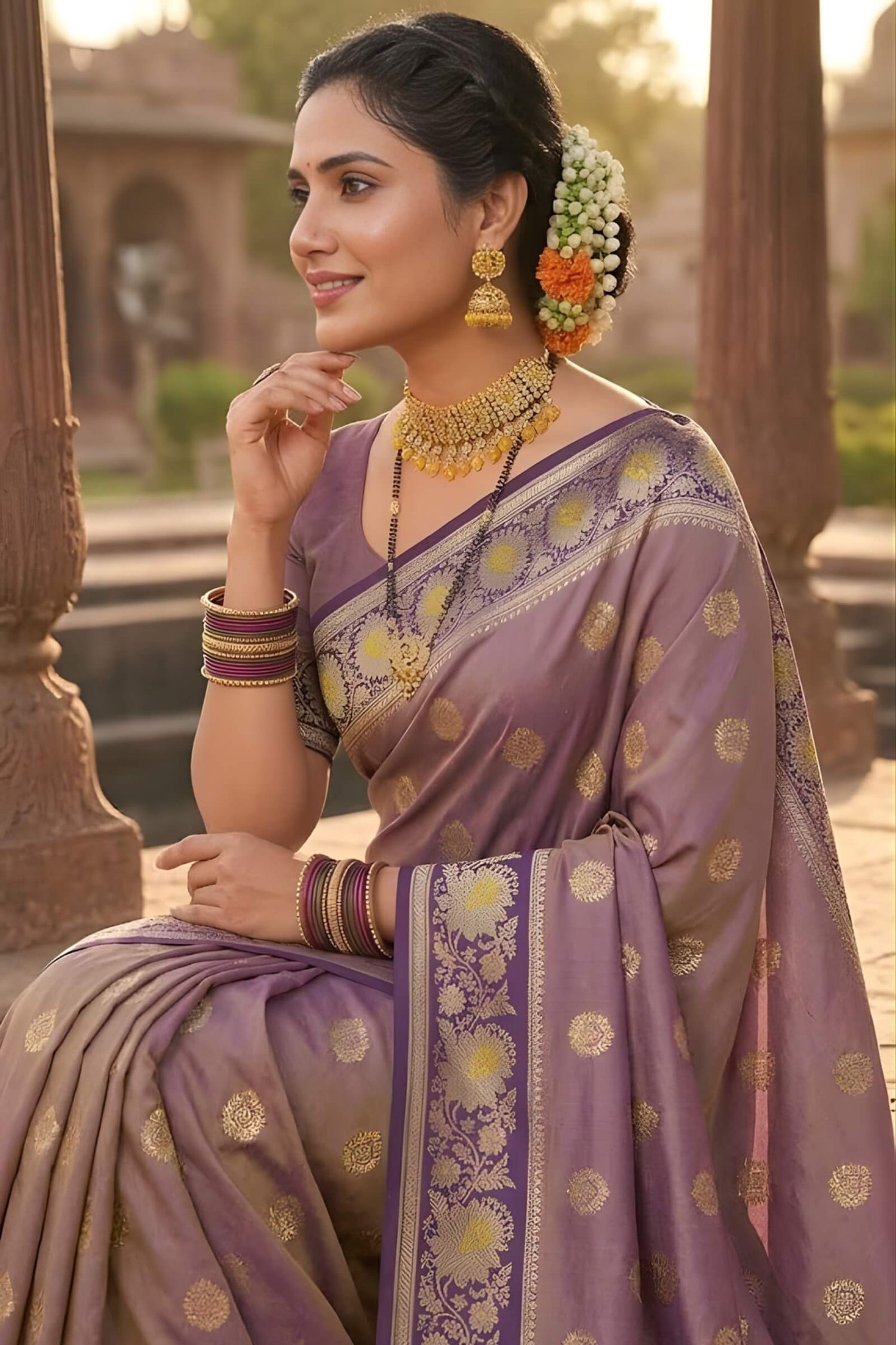 Serendipity Lavender Pure Zari Weaving Banarasi Silk Saree With Opulent Blouse Piece