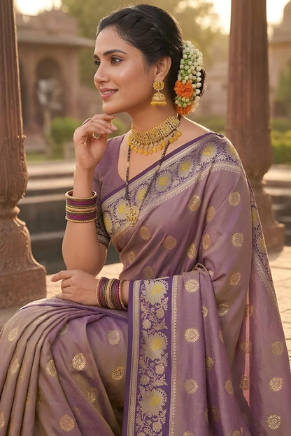 Serendipity Lavender Pure Zari Weaving Banarasi Silk Saree With Opulent Blouse Piece