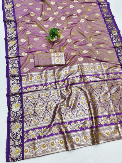 Serendipity Lavender Pure Zari Weaving Banarasi Silk Saree With Opulent Blouse Piece