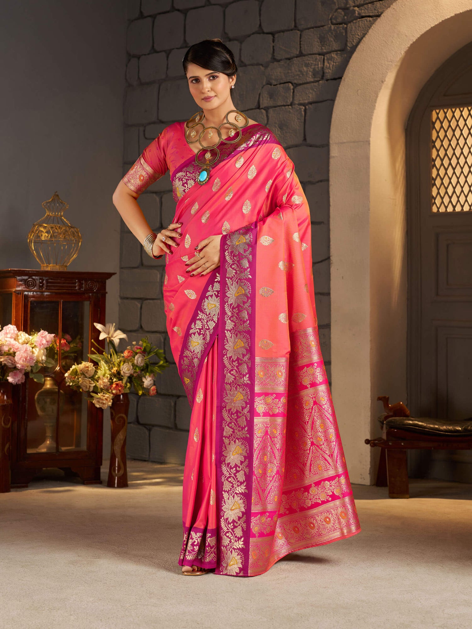 Lagniappe Pink Pure Zari Weaving Banarasi Silk Saree With Sophisticated Blouse Piece