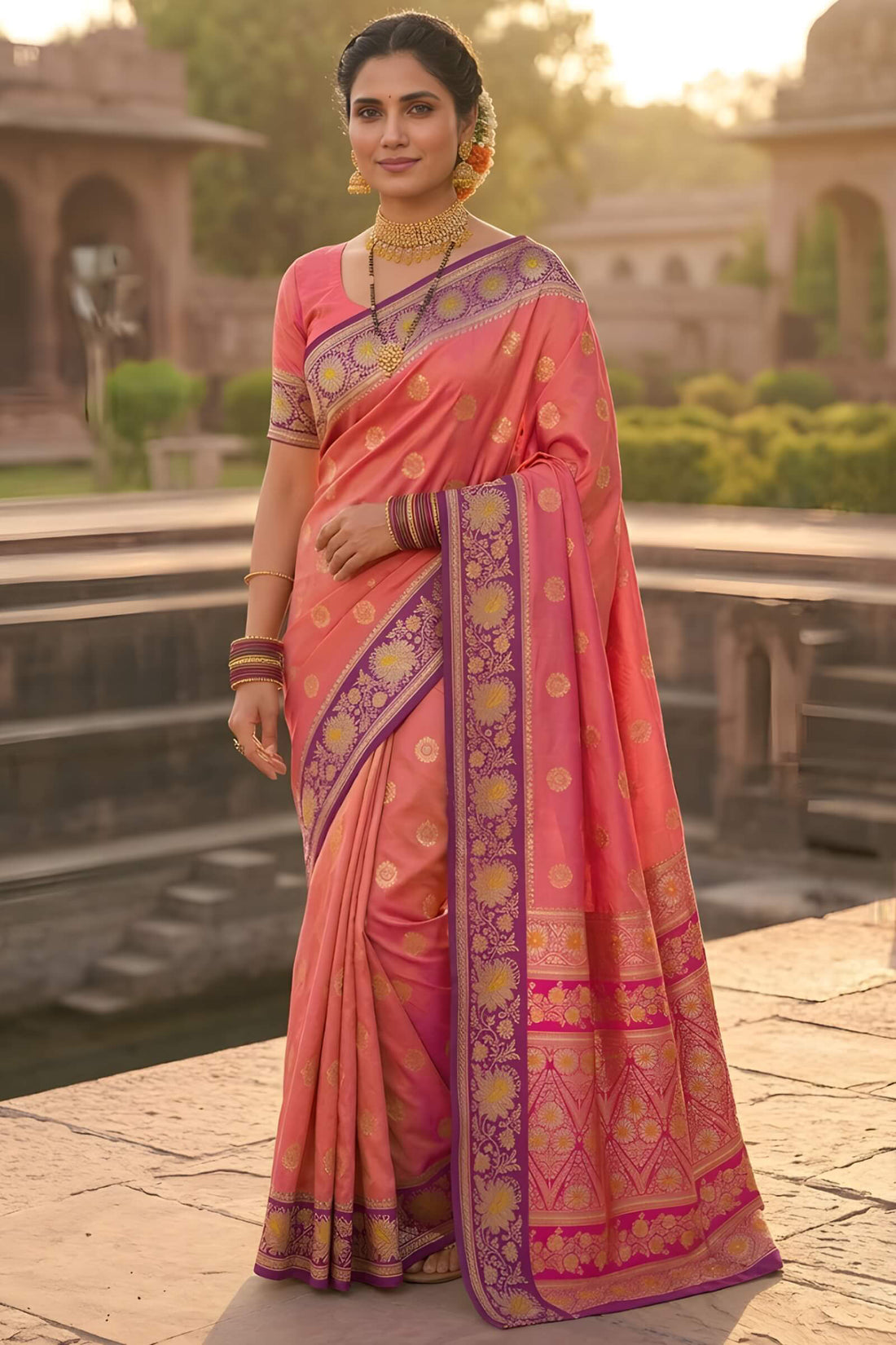 Lagniappe Pink Pure Zari Weaving Banarasi Silk Saree With Sophisticated Blouse Piece