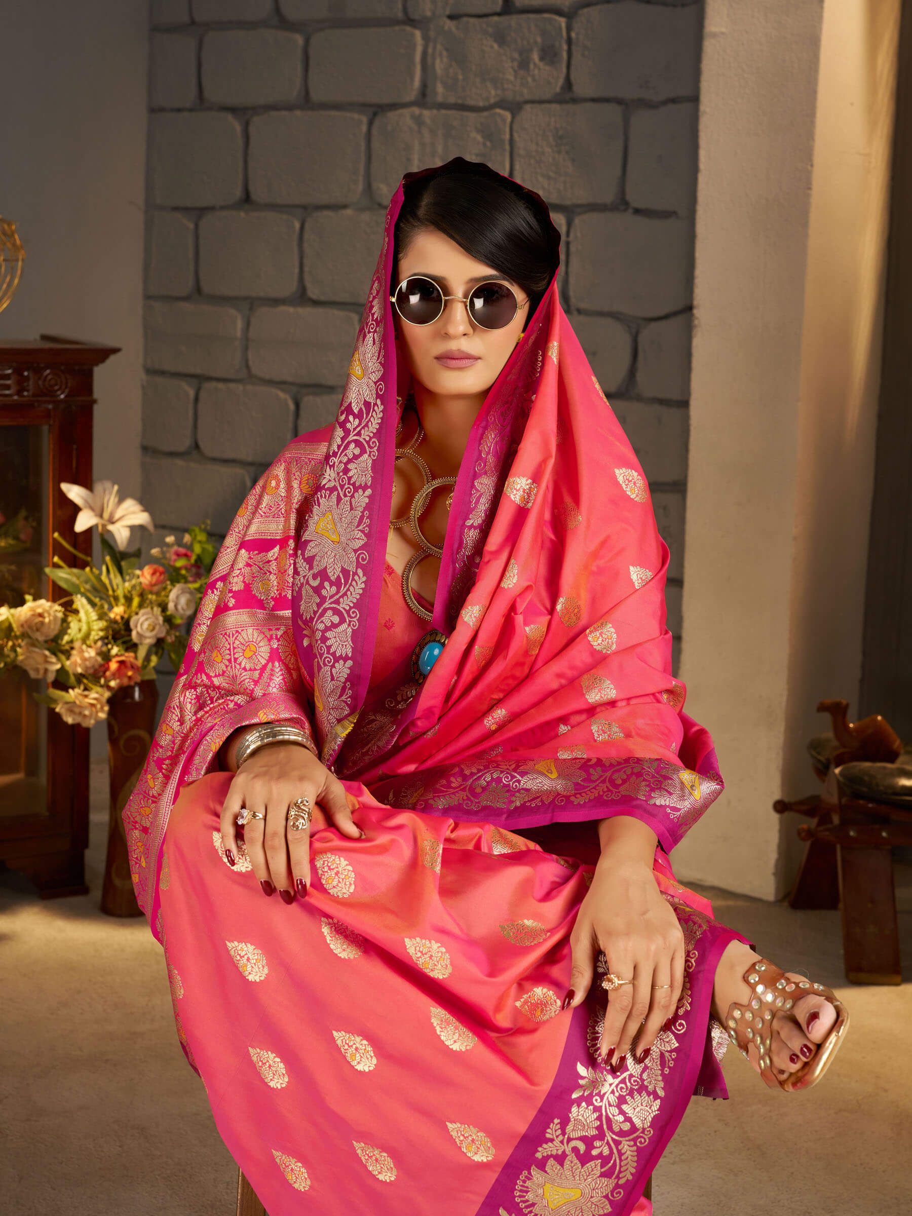 Lagniappe Pink Pure Zari Weaving Banarasi Silk Saree With Sophisticated Blouse Piece
