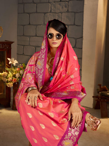 Lagniappe Pink Pure Zari Weaving Banarasi Silk Saree With Sophisticated Blouse Piece