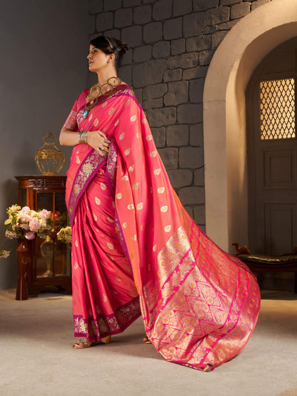Lagniappe Pink Pure Zari Weaving Banarasi Silk Saree With Sophisticated Blouse Piece