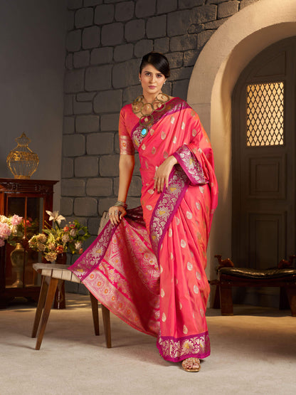 Lagniappe Pink Pure Zari Weaving Banarasi Silk Saree With Sophisticated Blouse Piece