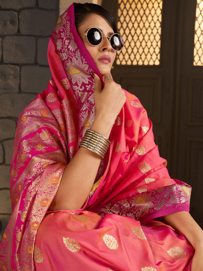 Lagniappe Pink Pure Zari Weaving Banarasi Silk Saree With Sophisticated Blouse Piece