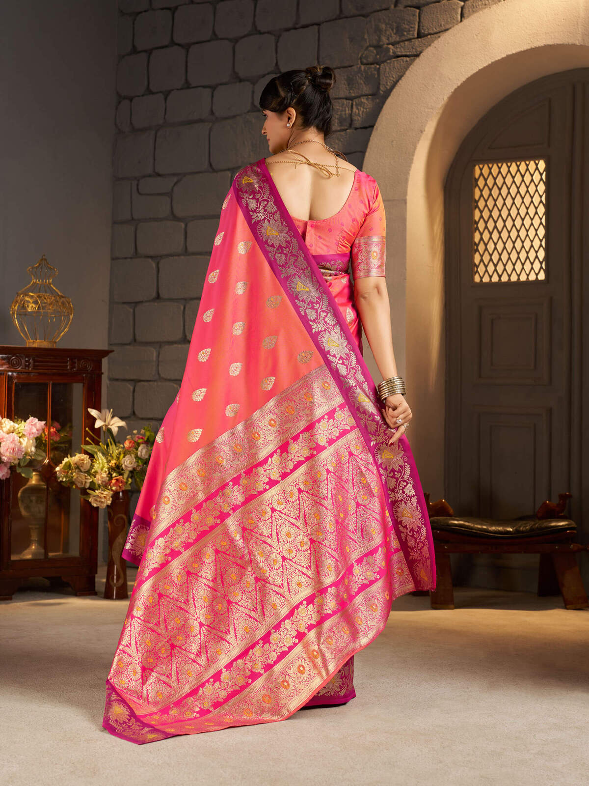 Lagniappe Pink Pure Zari Weaving Banarasi Silk Saree With Sophisticated Blouse Piece
