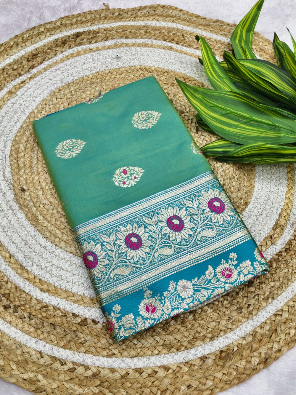 Imaginative Sea Green Pure Zari Weaving Banarasi Silk Saree With Stunning Blouse Piece