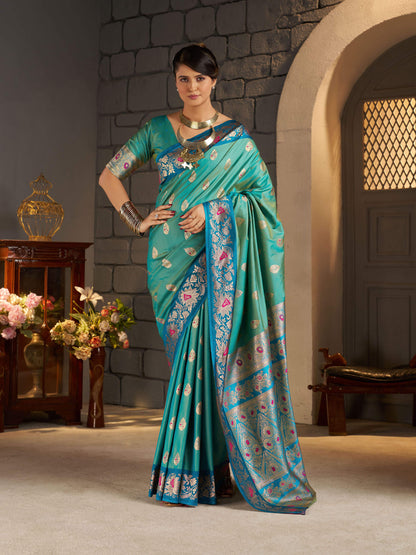 Imaginative Sea Green Pure Zari Weaving Banarasi Silk Saree With Stunning Blouse Piece