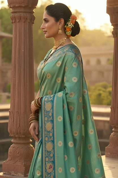 Imaginative Sea Green Pure Zari Weaving Banarasi Silk Saree With Stunning Blouse Piece