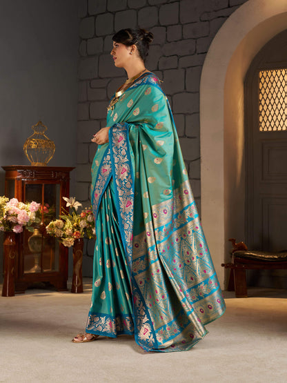 Imaginative Sea Green Pure Zari Weaving Banarasi Silk Saree With Stunning Blouse Piece