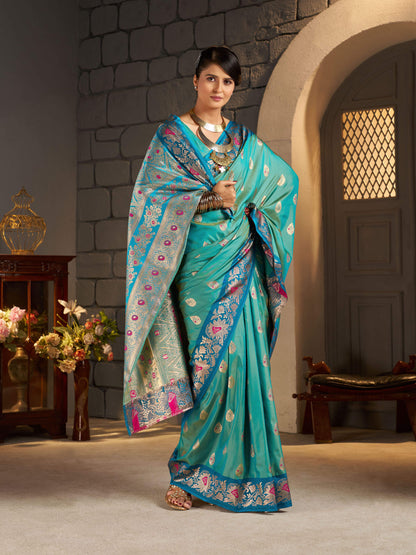 Imaginative Sea Green Pure Zari Weaving Banarasi Silk Saree With Stunning Blouse Piece