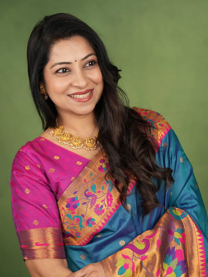 Flaunt Rama Paithani Silk Saree With Jubilant Blouse Piece